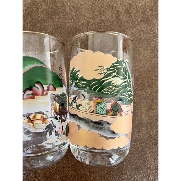 Vintage MCM Set 4 Asian Scenery Glases Juice Chinese Japanese Gold Rim 4-1/4" - Picture 3 of 7